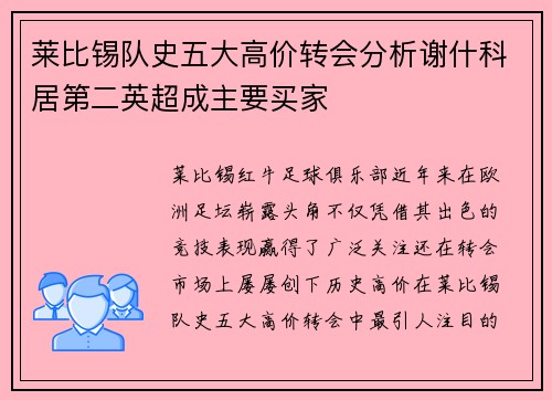 莱比锡队史五大高价转会分析谢什科居第二英超成主要买家